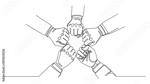 Diverse hands stacking fists in unity. Continuous line style. Hand drawn. Line art. Vector design. illustrations