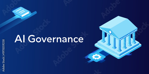 Ai governance concept with building and technology elements in blue tones
