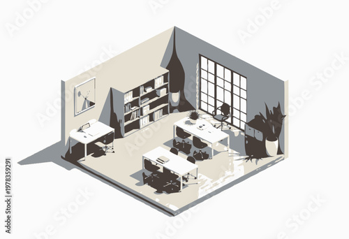 Modern minimalist office with sleek furniture, natural light, and functional layout, featuring ergonomic chairs, spacious desks, and organized shelving