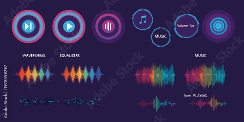 Colorful music player icons waveforms and equalizer graphics on a dark background