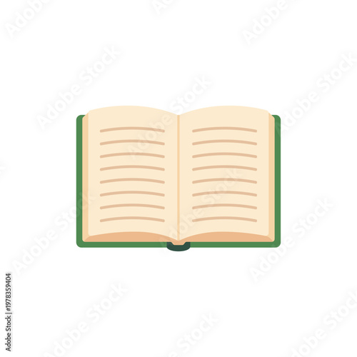 paper beige green open notebook, school stationery, colorful vector flat style illustration