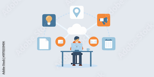 Person working on laptop connected to various digital communication icons