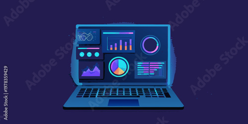 Neon laptop displaying data visualizations and analytical charts on screen