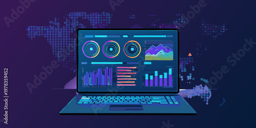 Laptop displaying data analytics dashboard with world map background
