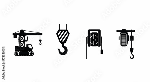 Construction Crane Hook Hoist Industrial Vector Icons Set