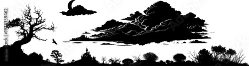 Vektor Silhouette Natur und Landschaft mit Mond und Wolken