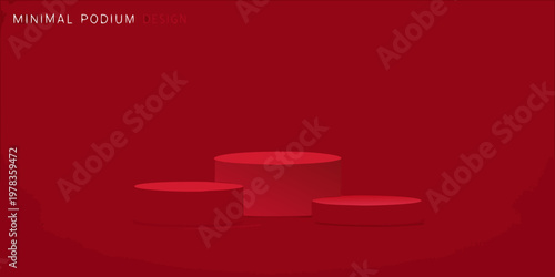 Minimalist red podium display with three cylindrical platforms