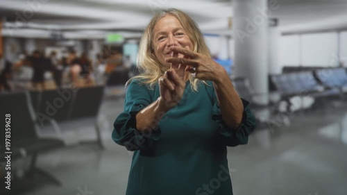 Senior woman shows interlaced hands and smiles while gesturing toward camera in a busy airport terminal with seating and blurred passengers; joy.