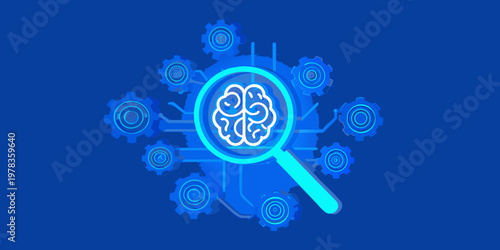 A glowing brain within gears and a magnifying glass on blue
