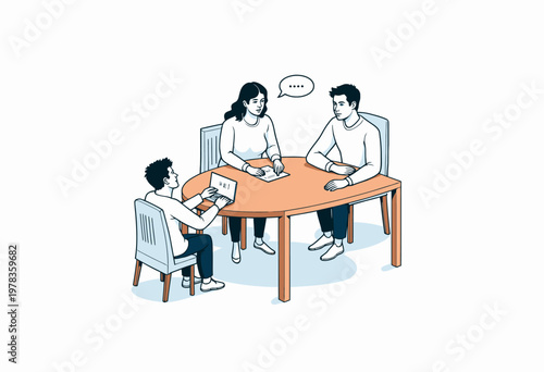 Illustration of three people engaged in a collaborative meeting around a wooden table, featuring discussions, laptop usage, and engaged communication.