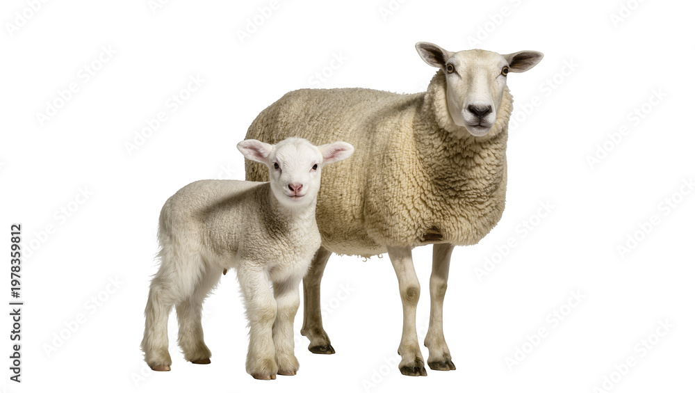 Obraz premium Fluffy white lamb standing next to mother sheep, isolated on transparent background