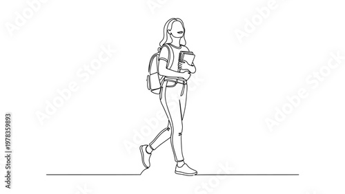 A woman walking with a backpack on. Continuous line style. Hand drawn. Line art. Vector design. illustrations