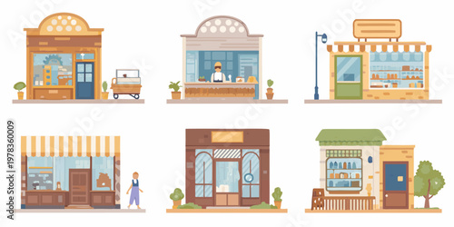 Colorful illustrations of various storefronts and small business facades