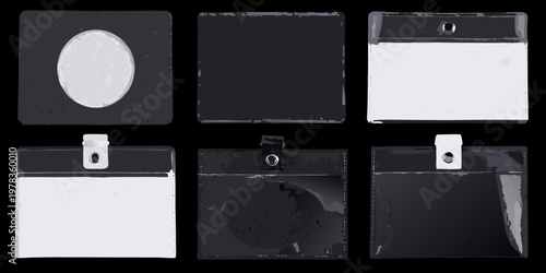 Six blank identification badges displayed against a black background