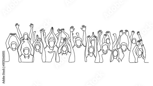 Continuous line drawing of diverse people raising hands in celebration. Continuous line style. Hand drawn. Line art. Vector design. illustrations