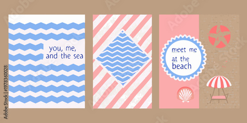 Three colorful beach themed panels with text and summer illustrations