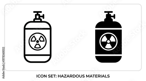 Minimalist hazardous material icons, gas cylinder with radiation trefoil, outline and filled styles, universal safety signage, danger awareness design.