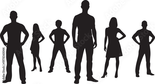 Six confident people standing in a row with hands on hips in black silhouettes vector graphic illustration