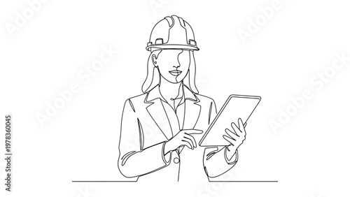 A female engineer in a hard hat. Continuous line style. Hand drawn. Line art. Vector design. illustrations
