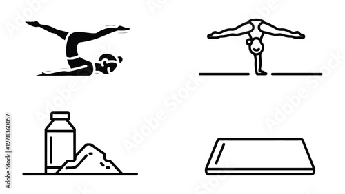 Fotografía Yoga and Well-being: A set of minimalist line art icons representing yoga poses, supplements, and exercise equipment