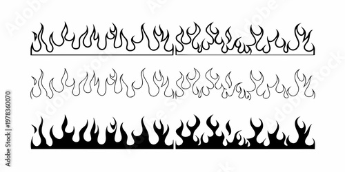Black and white illustration depicting multiple rows of stylized flame shapes