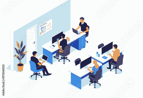 Illustration of a modern, collaborative office environment with professionals working at desks using laptops and computers, creating a dynamic and productive workspace