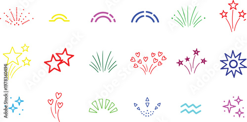 Colorful vector graphic illustration of various festive explosion and sparkler designs for celebrations