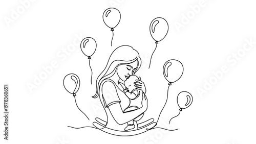 A woman hold baby. Continuous line style. Hand drawn. Line art. Vector design. illustrations