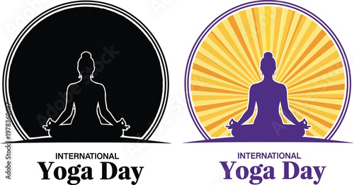 Yoga day illustration silhouette and radiant figure in lotus position