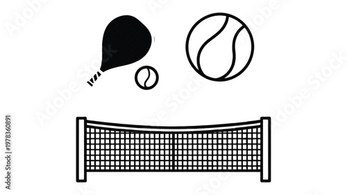 Tennis Essentials: An illustration showcasing key elements of tennis: a racket, tennis balls, and a net, perfect for design and sports concept.