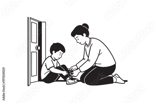 Mother Helping Child Wear Shoes Before School – Parenting Care Routine Illustration for Family Life, Education, and Daily Morning Activity Content