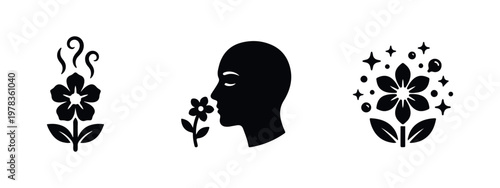 Minimalist black icons representing fragrance, aromatherapy, and the sense of smell, featuring flowers and a person smelling a floral scent.
