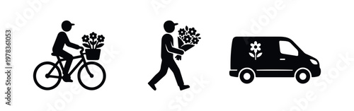 Minimalist black silhouette icons representing flower delivery services via bicycle, pedestrian courier, and van. Perfect for florist businesses.