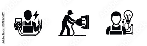 Set of flat black icons representing professional electrician services, including circuit testing, power connection, and lighting solutions.