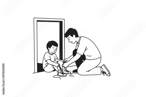 Mother Helping Child Wear Shoes Before School – Parenting Care Routine Illustration for Family Life, Education, and Daily Morning Activity Content
