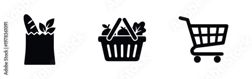 Set of three black minimalist grocery icons including a paper bag with food, a shopping basket with produce, and a retail shopping cart.