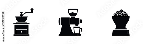 Set of minimalist black silhouettes of manual and electric coffee grinders and a bowl of roasted coffee beans, isolated on a white background.