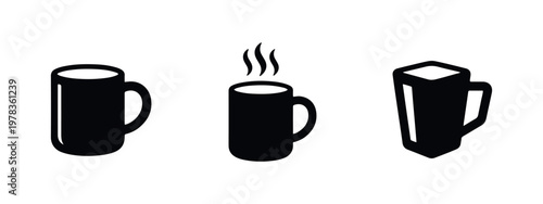 Minimalist black mug icons for coffee or tea, featuring a classic cup, a steaming hot drink, and a modern square design on a white background.