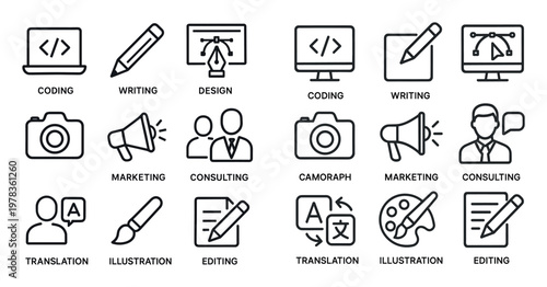 Creative icons with monitor camera pencil outline style