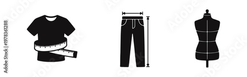 Set of black clothing measurement icons featuring a t-shirt with measuring tape, measured pants, and a tailor mannequin. Vector garment sizing icons.
