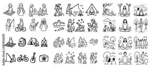 Outdoor icons with tent campfire backpack minimal