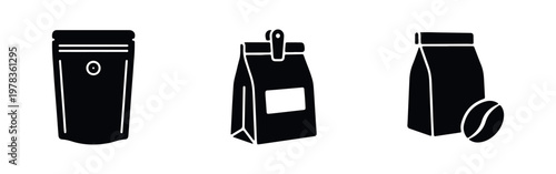 Set of three minimalist black icons representing different types of coffee bean packaging including stand-up pouches and paper bags.