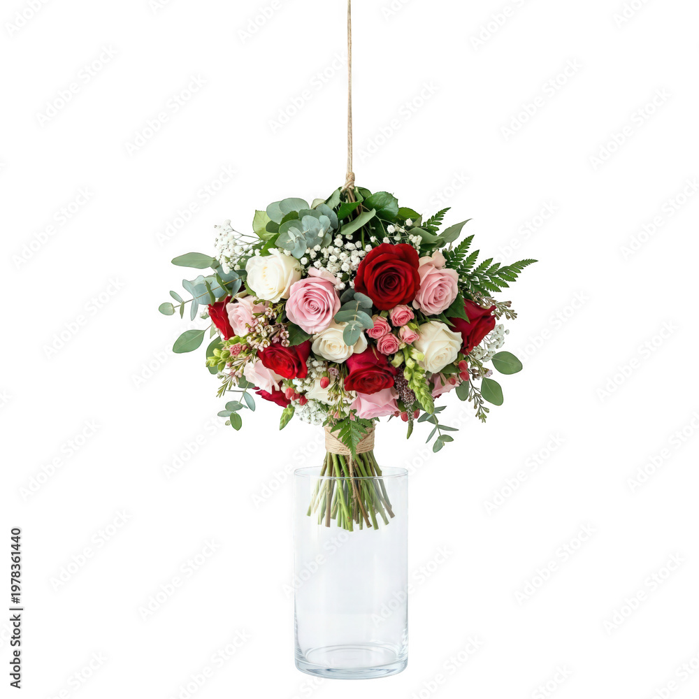 Fototapeta premium A bouquet of colorful flowers in a clear glass vase Transparent background
