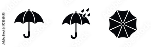 Set of three black umbrella icons featuring side views with and without rain, and a top-down view. Minimalist vector silhouettes for weather apps.