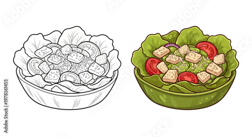 Fresh Salad Bowl with Lettuce, Tomatoes, Croutons, and Avocado - Vector Illustration