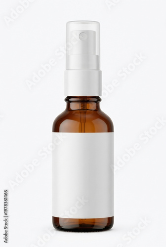 Amber glass dropper bottle with a white adhesive label, a white finger pump, and a clear plastic cover cap, isolated on white, medical or beauty product packaging mockup