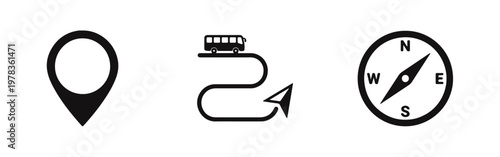 Free Download Set of minimalist black travel and navigation icons featuring a location map pin, a bus route on a winding road, and a classic compass on white. - GFXLoad