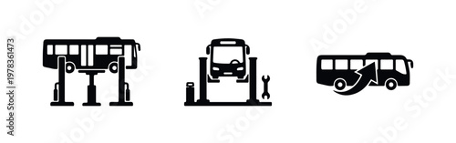 A set of black icons illustrating bus maintenance, featuring heavy-duty hydraulic lifts, repair symbols, and a bus in a workshop environment.