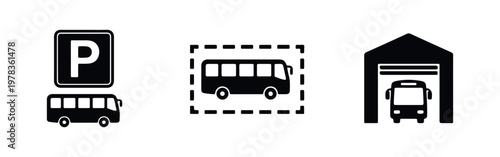 Collection of black and white bus parking icons featuring a depot, parking sign, and designated area. Minimalist flat design for transport logistics.