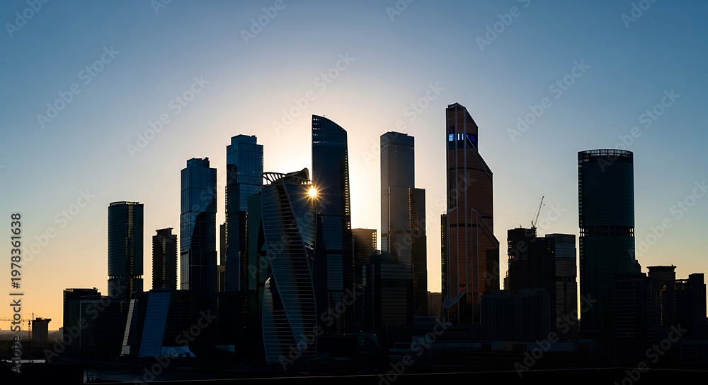 Fototapeta premium Dark silhouetted skyscrapers against bright blue sky with sun flare and city skyline silhouettes